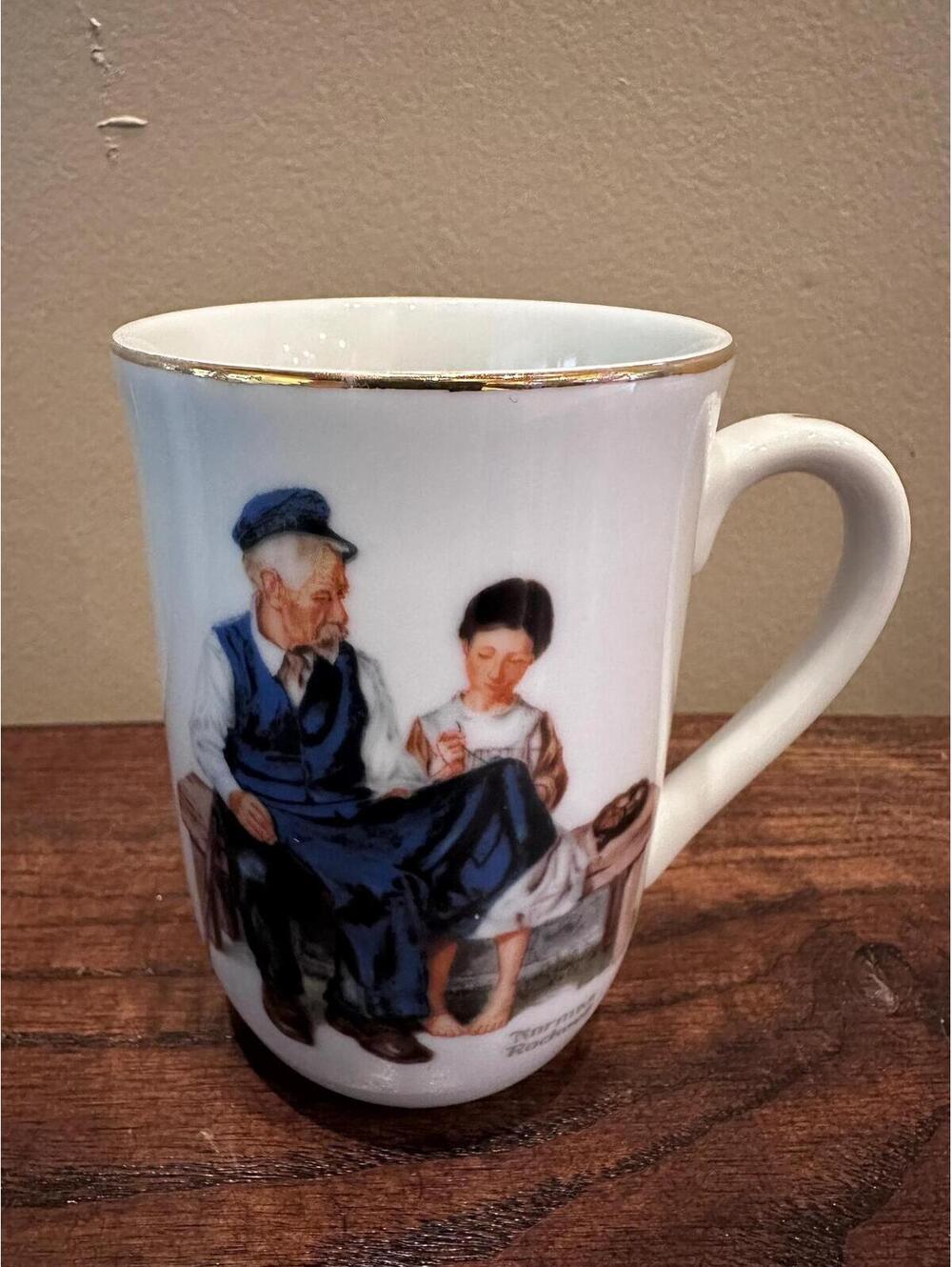1982 Norman Rockwell Museum Collection Mugs Gold Trim - Lighthouse Keeper